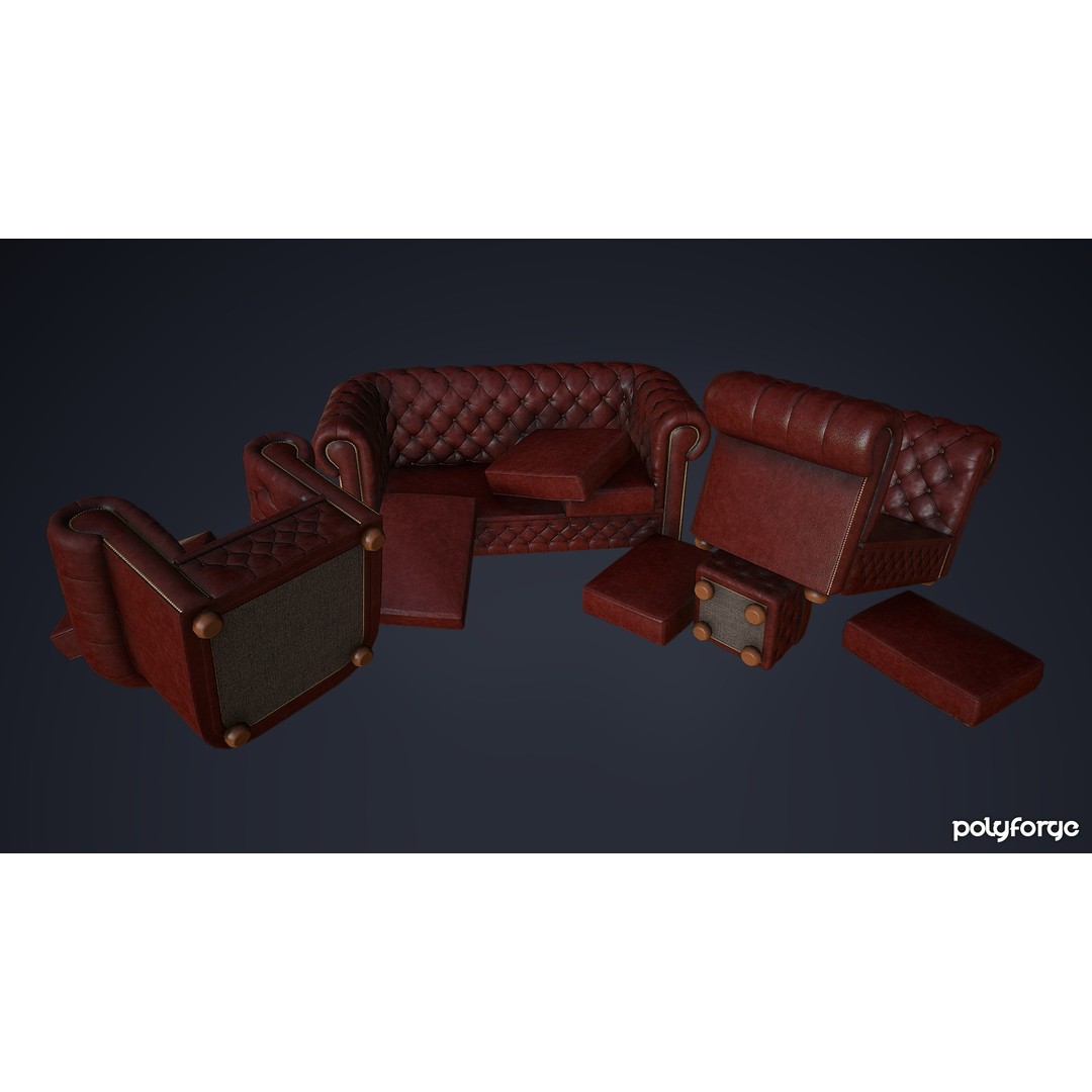 Leather Chesterfield Sofa Set 3D Model – Low Poly Game Ready, FBX - View 5