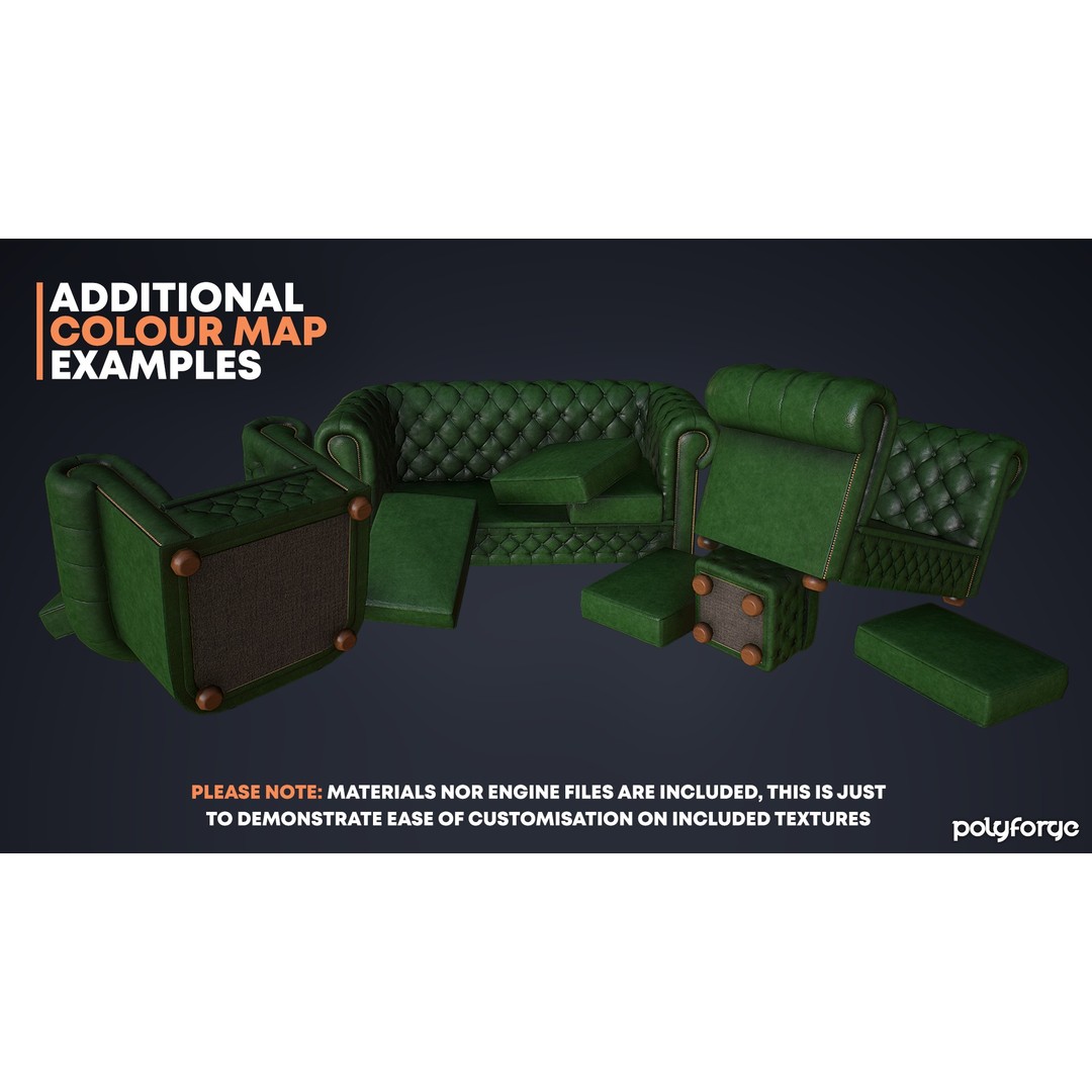 Leather Chesterfield Sofa Set 3D Model – Low Poly Game Ready, FBX - View 6