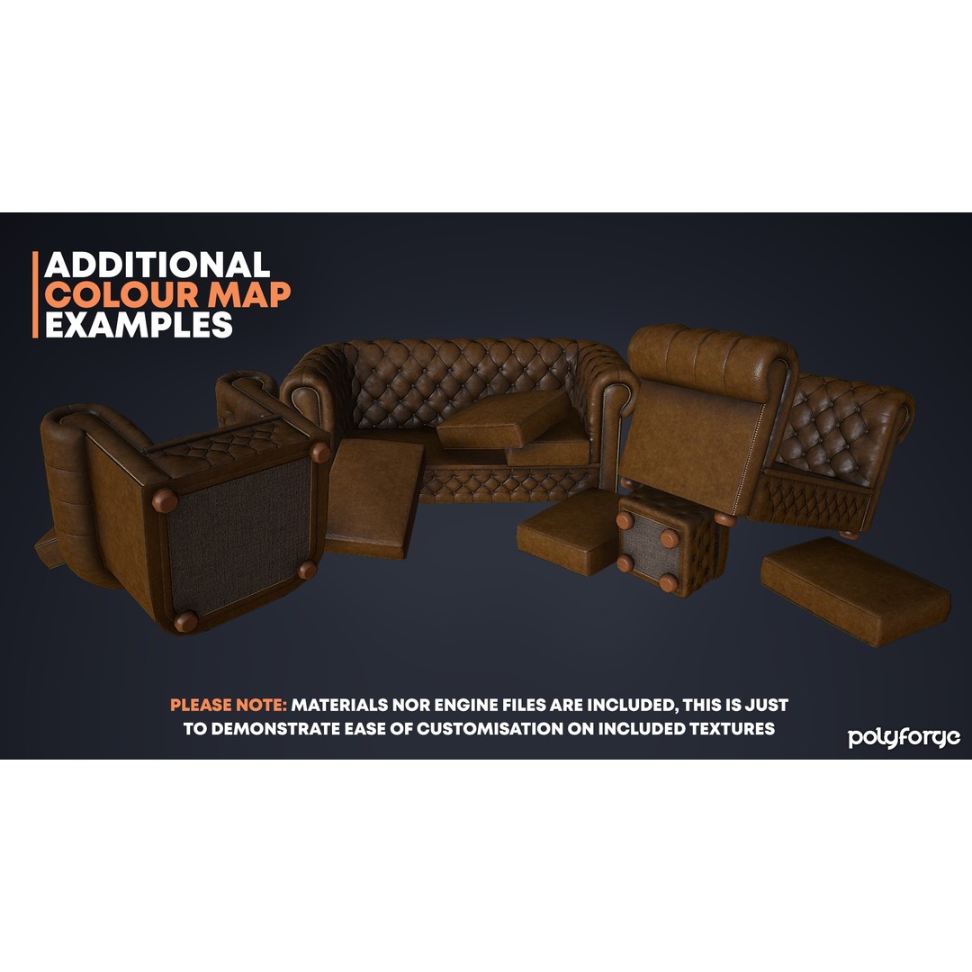 Leather Chesterfield Sofa Set 3D Model – Low Poly Game Ready, FBX - View 7