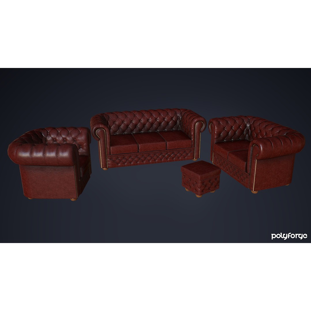 Leather Chesterfield Sofa Set 3D Model – Low Poly Game Ready, FBX - View 8