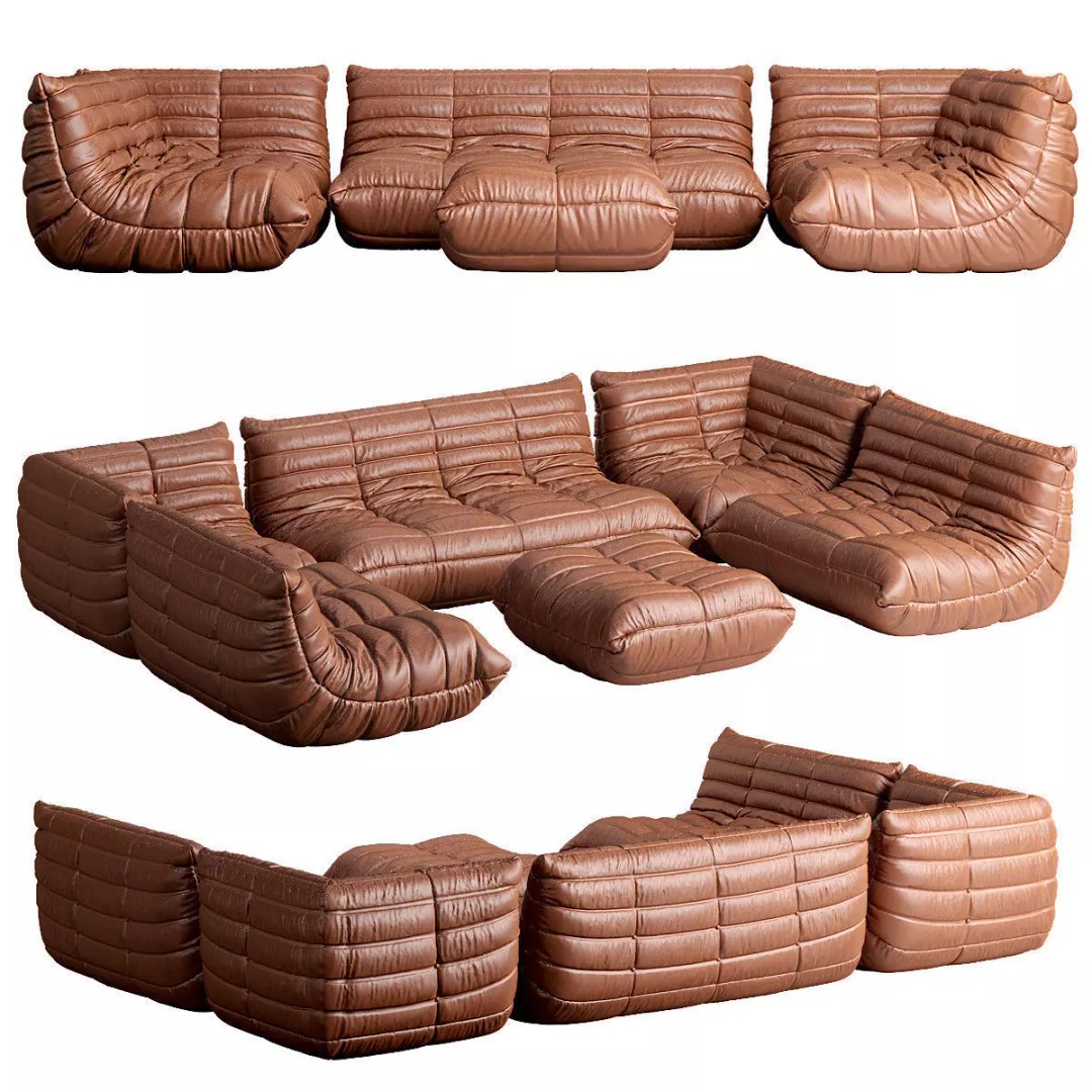 Ligne Roset TOGO Large 3D Model – Contemporary Sofa in Cognac Leather, FBX, OBJ - View 2