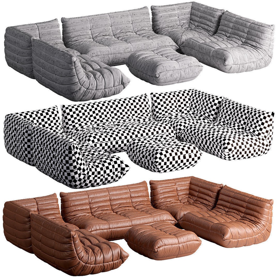 Ligne Roset TOGO Large 3D Model – Contemporary Sofa in Cognac Leather, FBX, OBJ - View 3