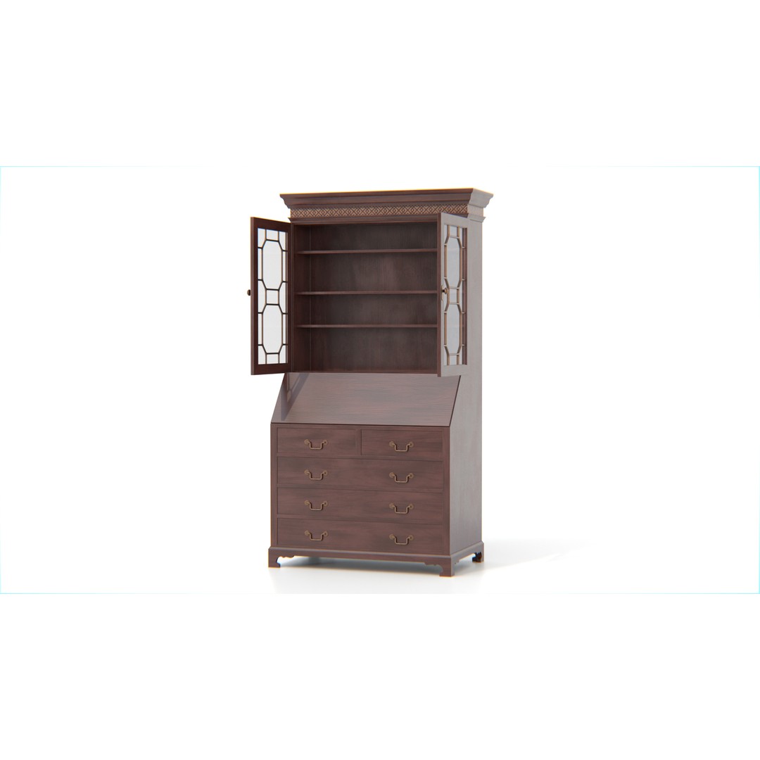 Antique Secretary Hutch Cabinet 3D Model – Low Poly Vintage Furniture, FBX, PBR - View 3