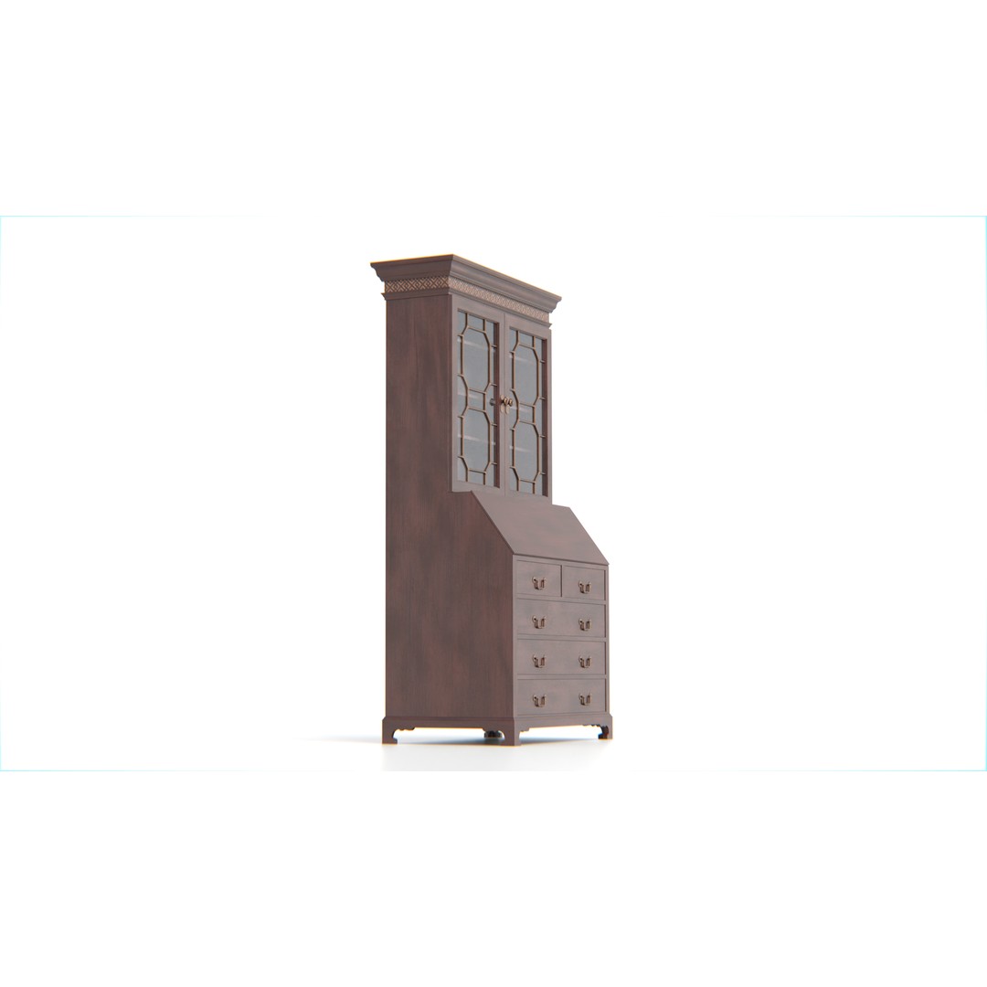 Antique Secretary Hutch Cabinet 3D Model – Low Poly Vintage Furniture, FBX, PBR - View 6