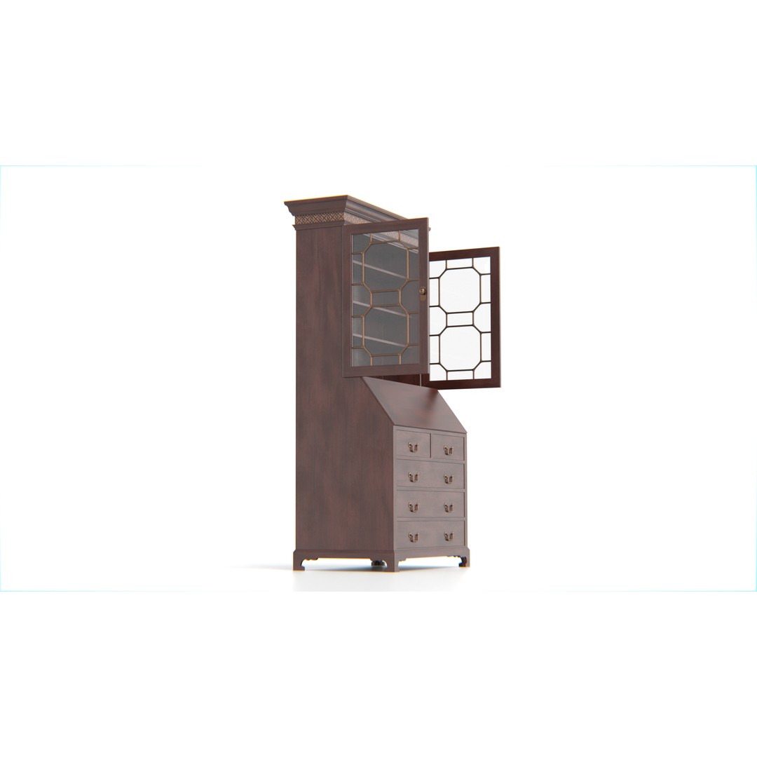 Antique Secretary Hutch Cabinet 3D Model – Low Poly Vintage Furniture, FBX, PBR - View 7