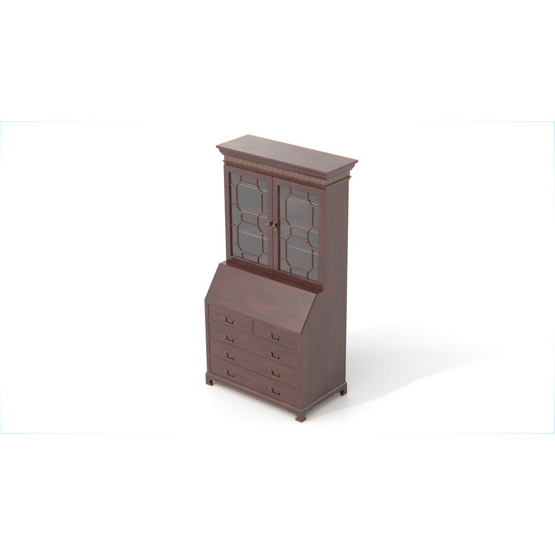 Antique Secretary Hutch Cabinet 3D Model – Low Poly Vintage Furniture, FBX, PBR - View 8