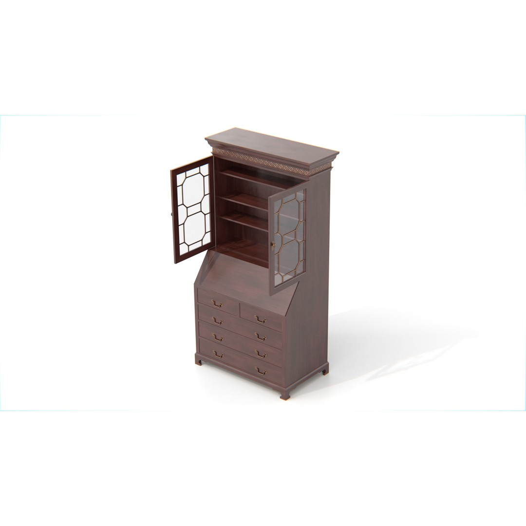 Antique Secretary Hutch Cabinet 3D Model – Low Poly Vintage Furniture, FBX, PBR - View 9