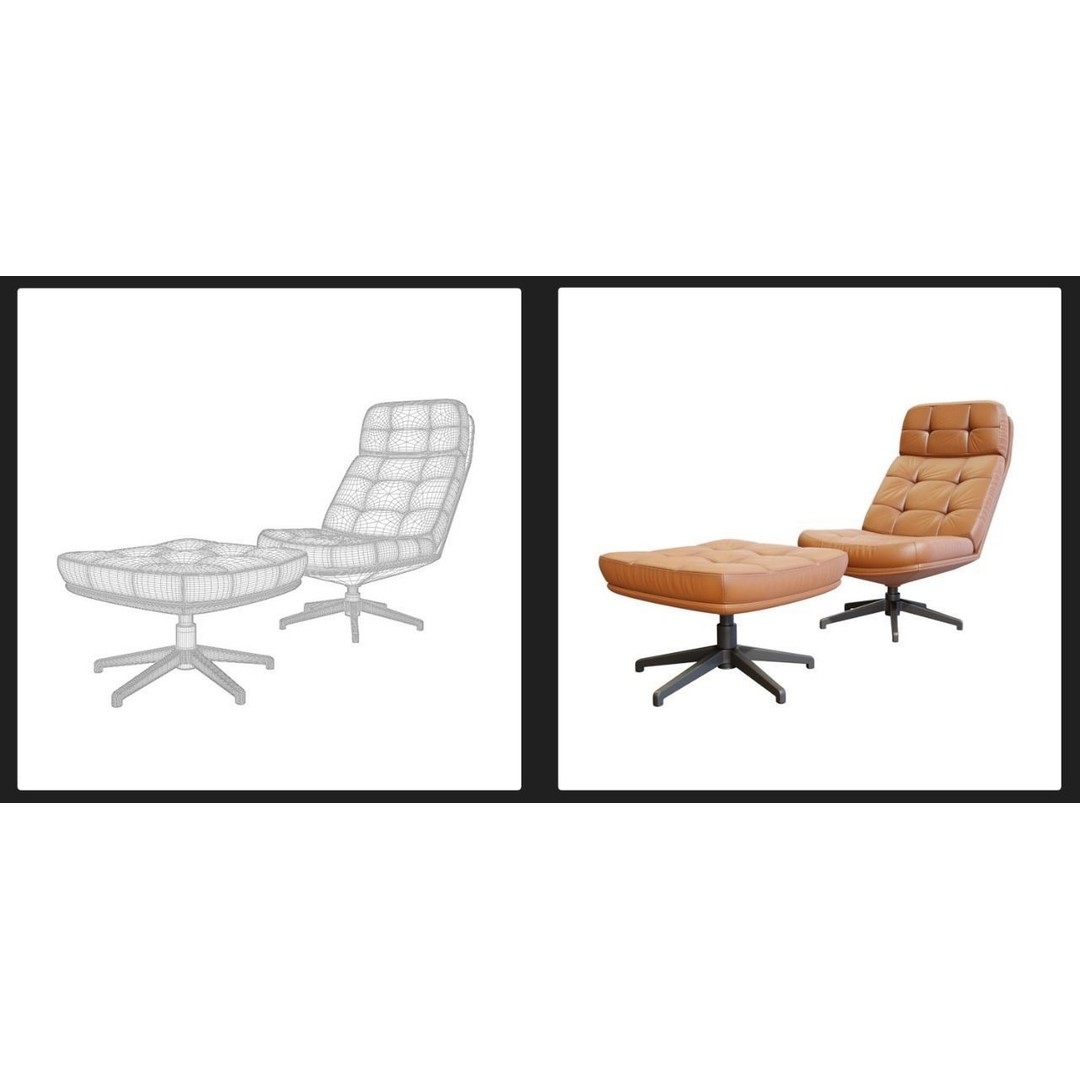 Capitone Armchair 3D Model – Luxurious Design with Pouf, Blender & FBX