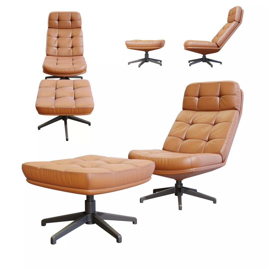 Capitone Armchair 3D Model – Luxurious Design with Pouf, Blender & FBX - View 2