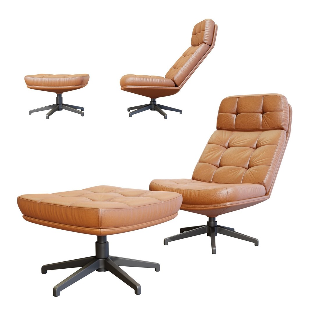 Capitone Armchair 3D Model – Luxurious Design with Pouf, Blender & FBX - View 7