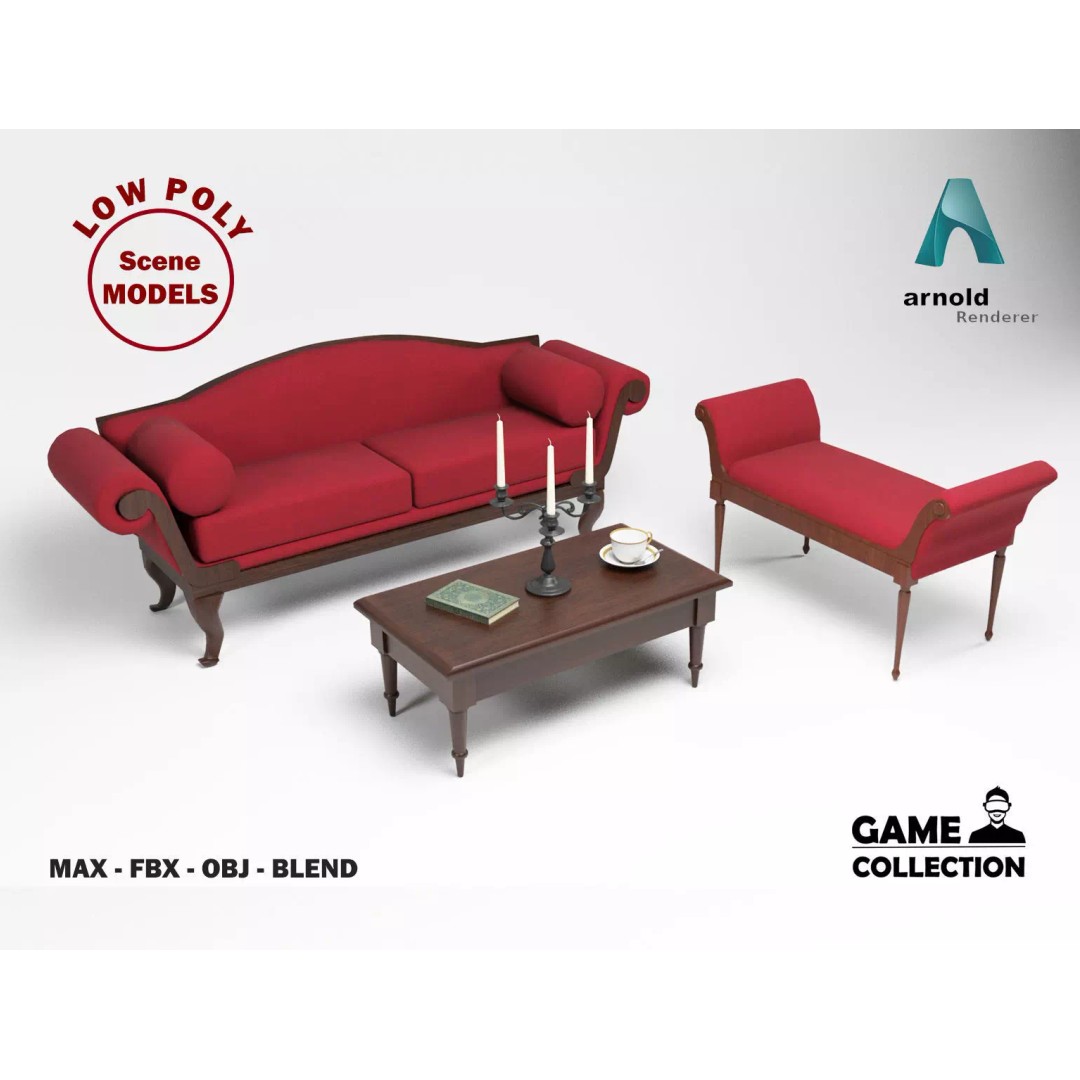 British Antique Furniture 3D Model – Low Poly Game Asset, FBX, OBJ - View 2