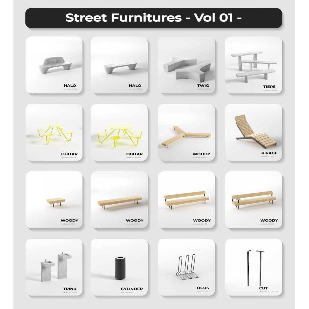 Street Furniture Asset Pack 3D Model – Urban Outdoor PBR Assets, FBX