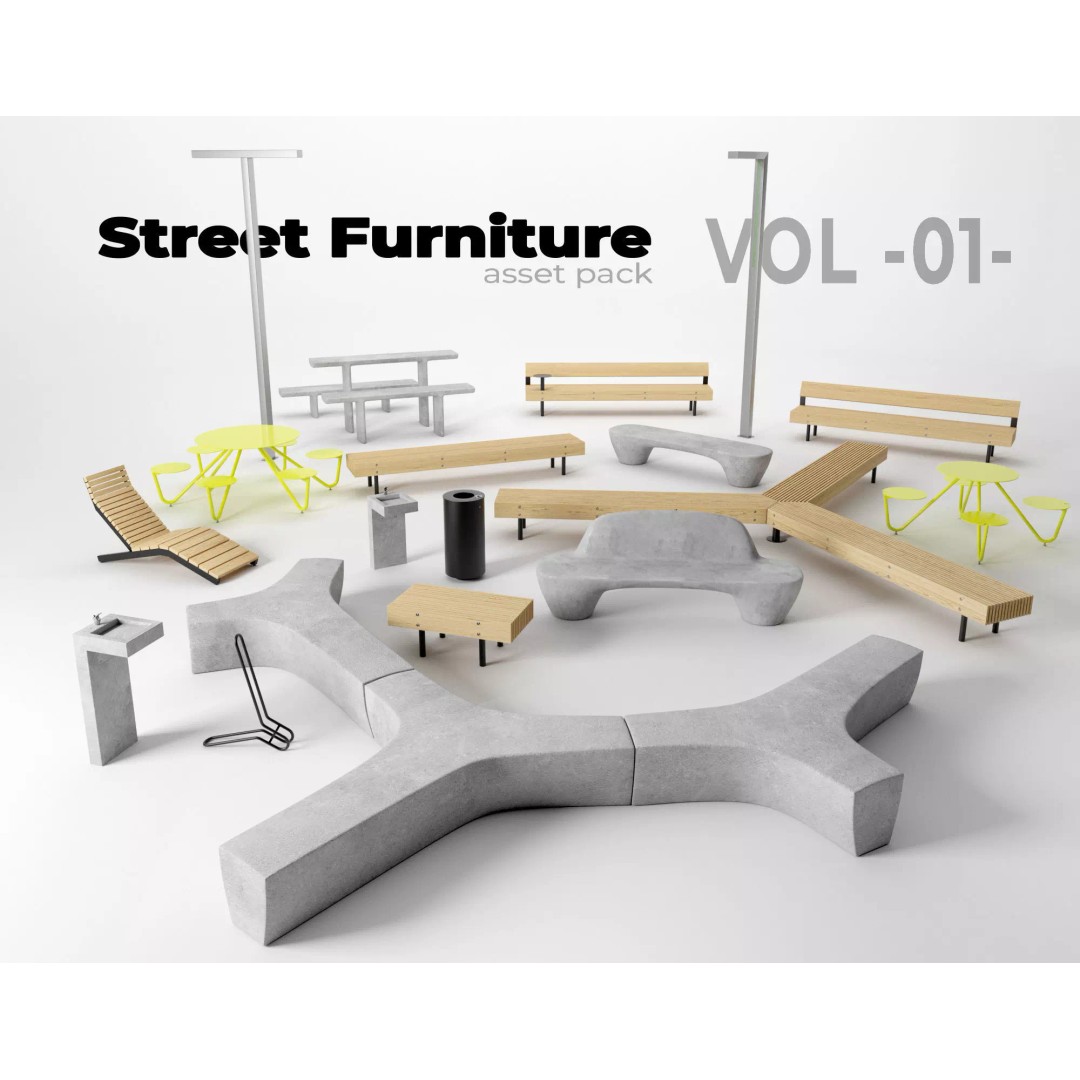 Street Furniture Asset Pack 3D Model – Urban Outdoor PBR Assets, FBX - View 2