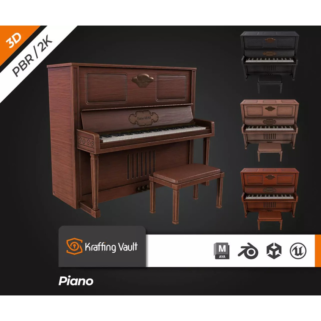Piano 3D Model – Low Poly Vintage Instrument, FBX, PBR Textures - View 2