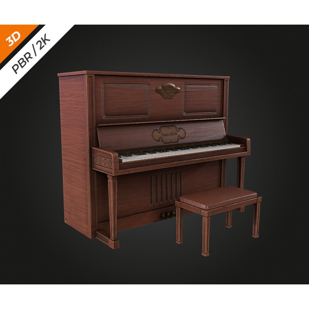 Piano 3D Model – Low Poly Vintage Instrument, FBX, PBR Textures - View 3
