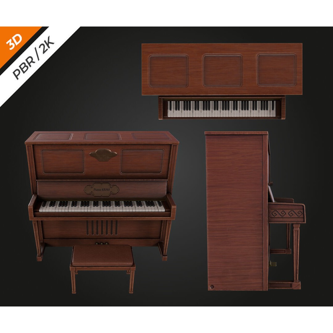 Piano 3D Model – Low Poly Vintage Instrument, FBX, PBR Textures - View 7
