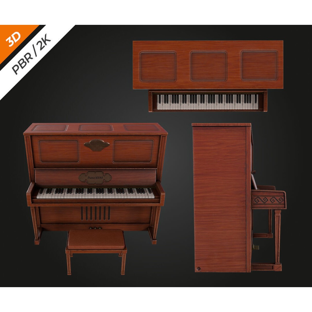 Piano 3D Model – Low Poly Vintage Instrument, FBX, PBR Textures - View 8