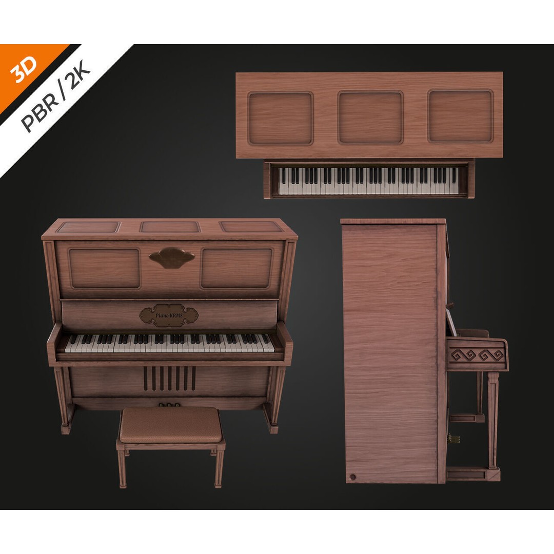 Piano 3D Model – Low Poly Vintage Instrument, FBX, PBR Textures - View 9
