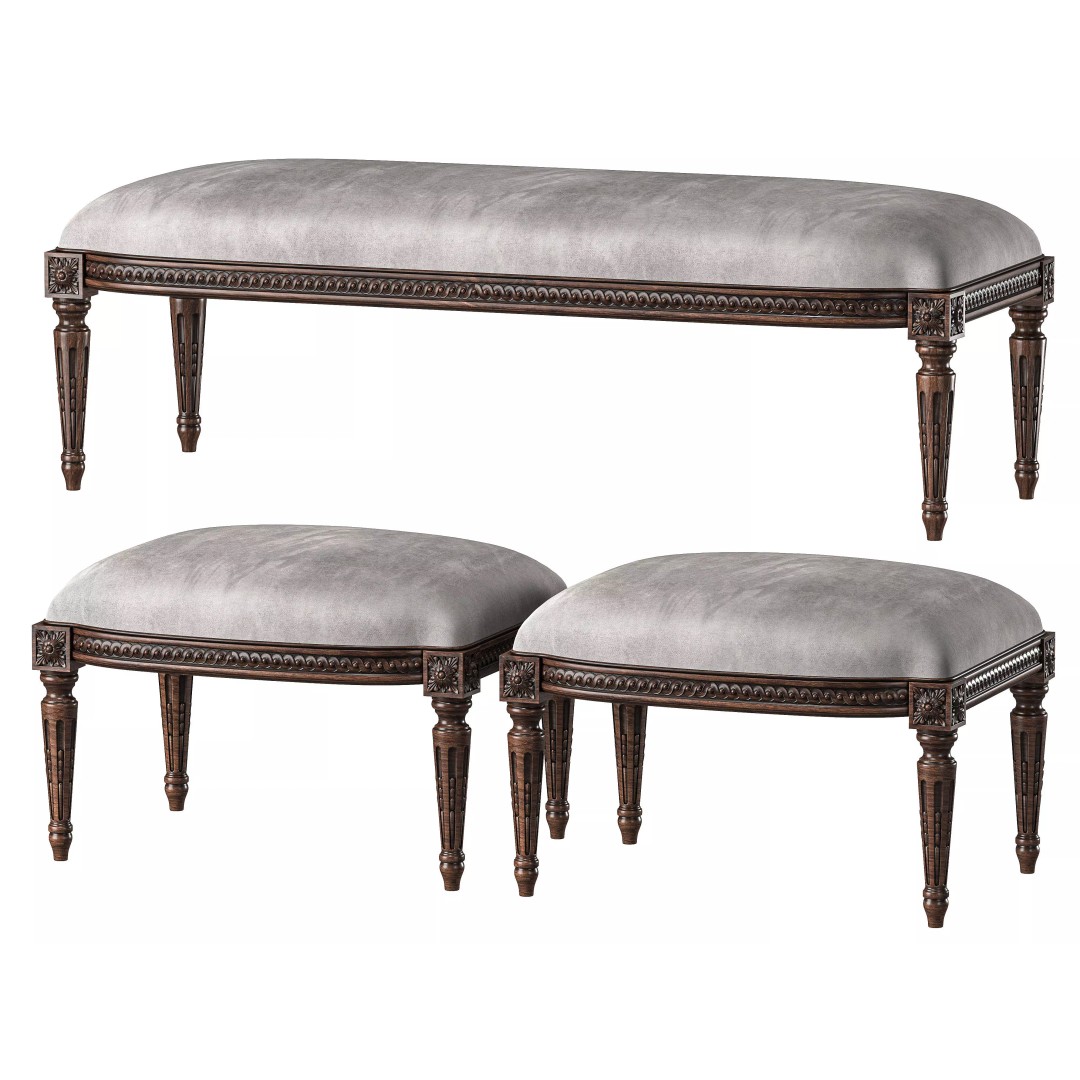 Louis Bench and Pouf 3D Model – Classical Furniture, FBX, PBR Textures - View 2