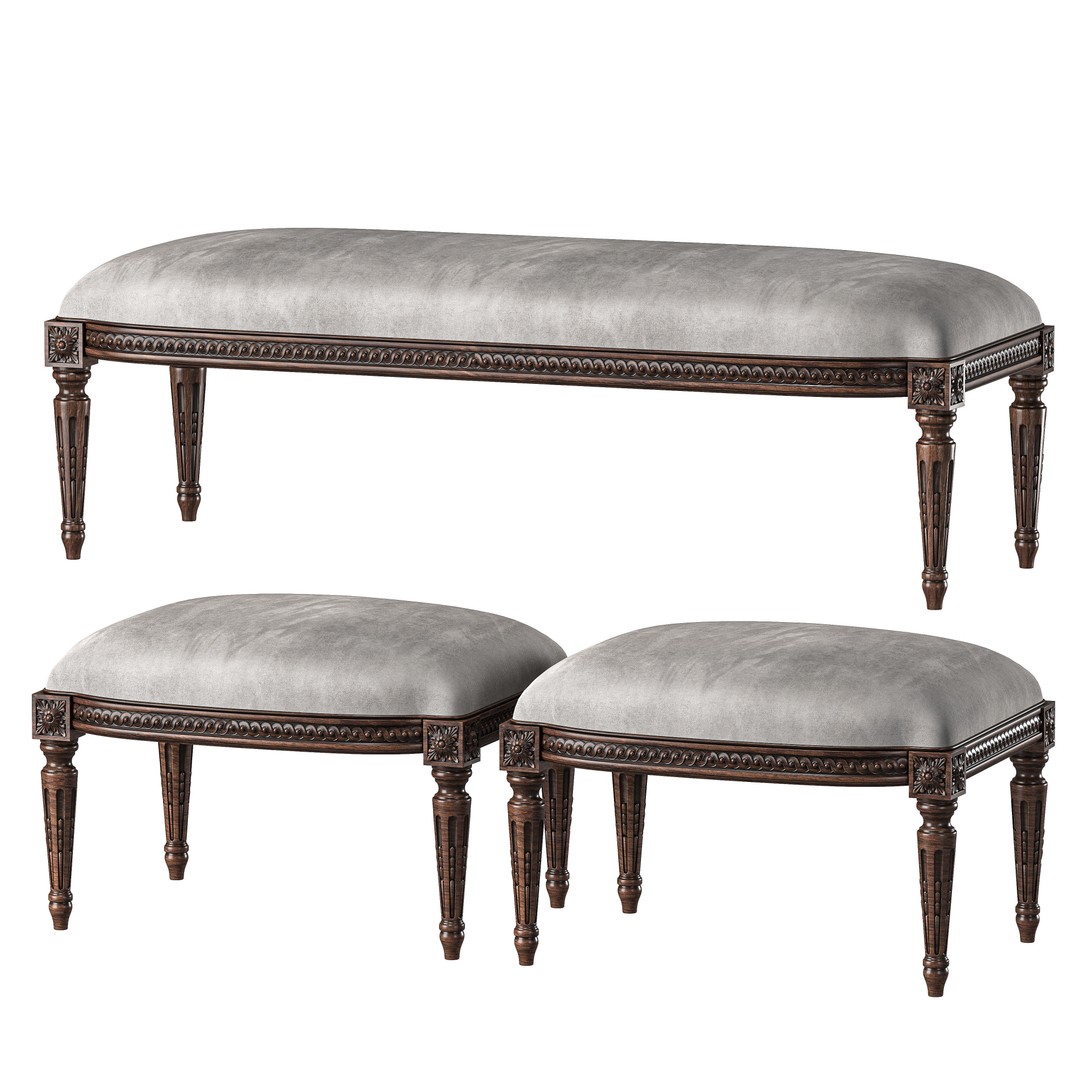 Louis Bench and Pouf 3D Model – Classical Furniture, FBX, PBR Textures - View 3