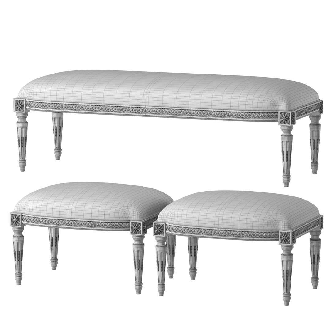Louis Bench and Pouf 3D Model – Classical Furniture, FBX, PBR Textures - View 6