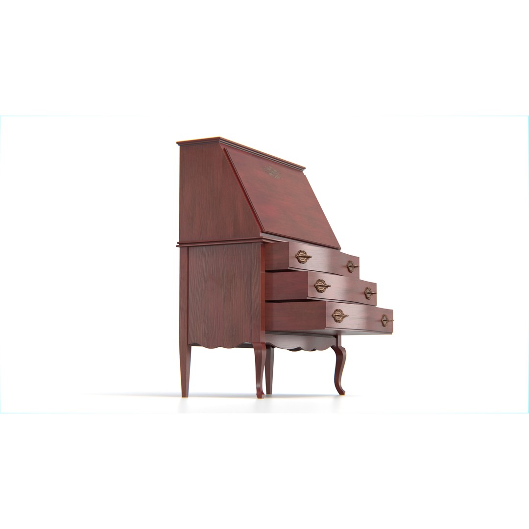 Antique Secretary Desk 3D Model – Vintage Wooden Desk with Drawers, FBX - View 10