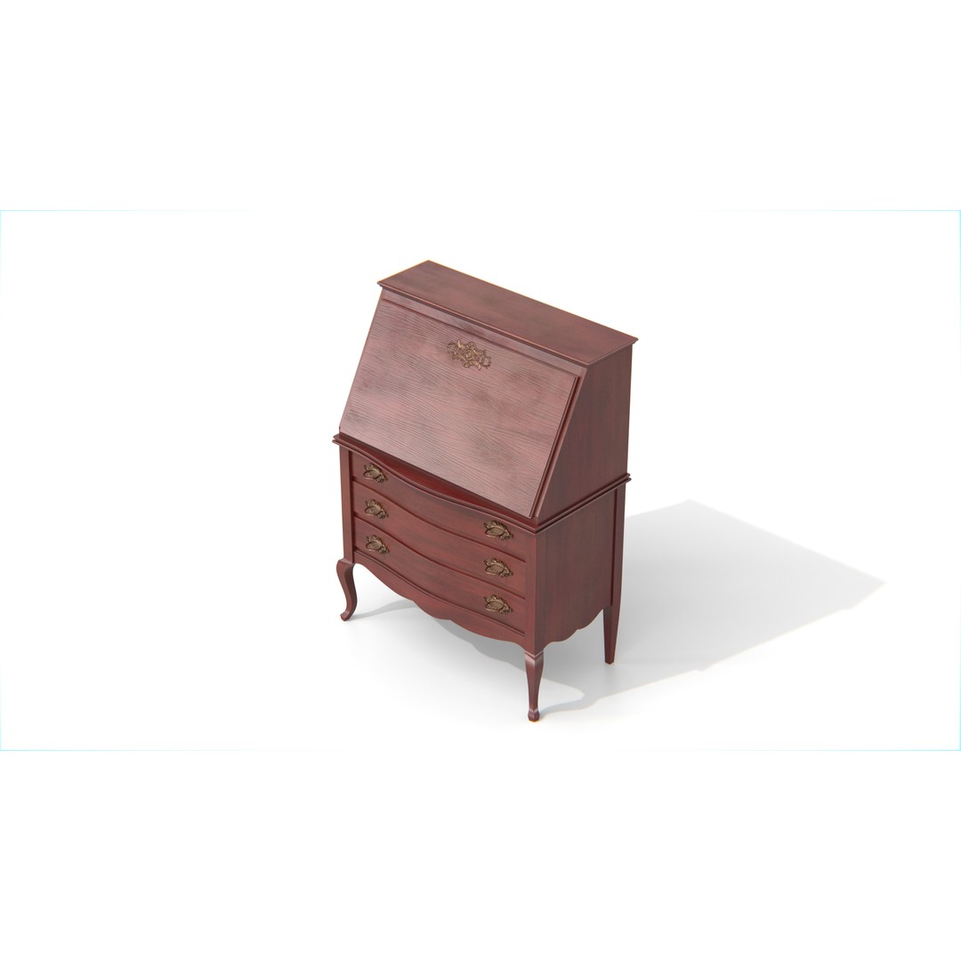 Antique Secretary Desk 3D Model – Vintage Wooden Desk with Drawers, FBX - View 11