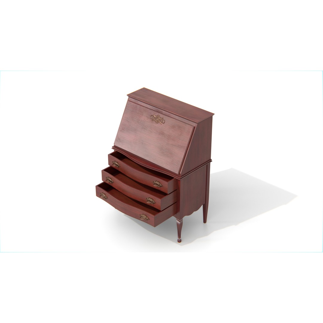 Antique Secretary Desk 3D Model – Vintage Wooden Desk with Drawers, FBX - View 13