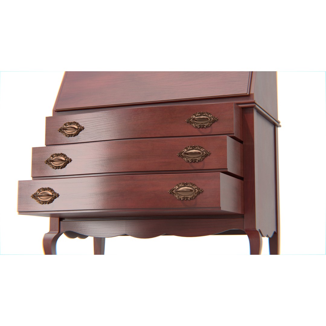 Antique Secretary Desk 3D Model – Vintage Wooden Desk with Drawers, FBX - View 19