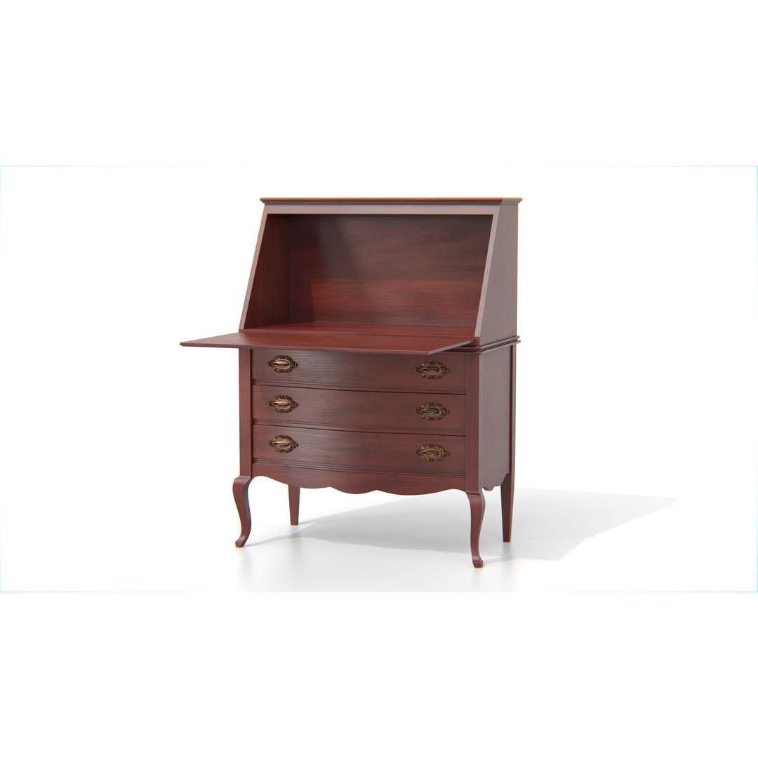 Antique Secretary Desk 3D Model – Vintage Wooden Desk with Drawers, FBX - View 3
