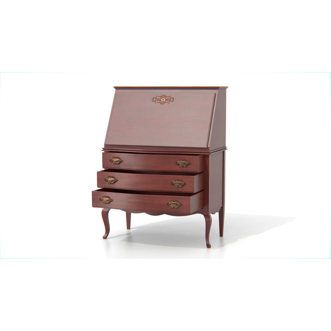 Antique Secretary Desk 3D Model – Vintage Wooden Desk with Drawers, FBX - View 4