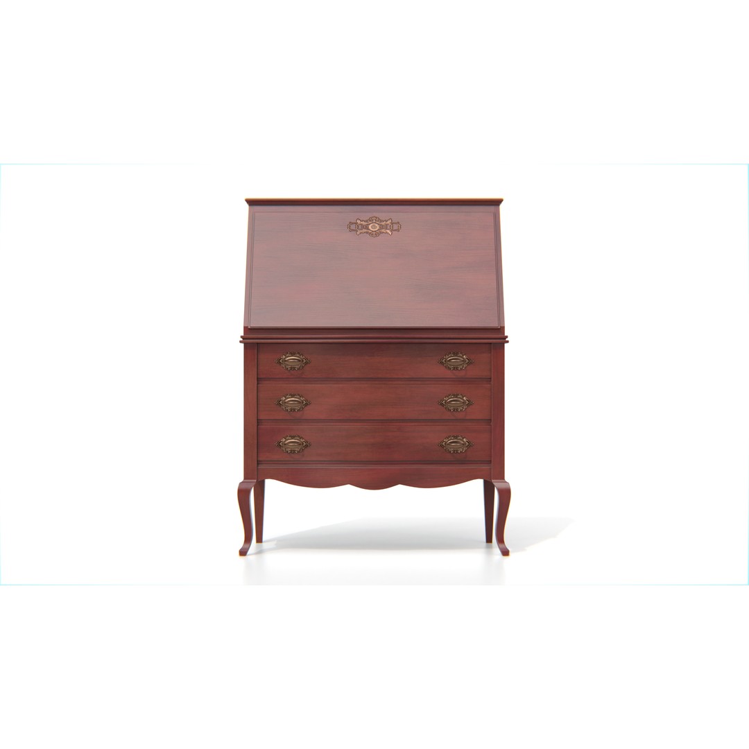 Antique Secretary Desk 3D Model – Vintage Wooden Desk with Drawers, FBX - View 5