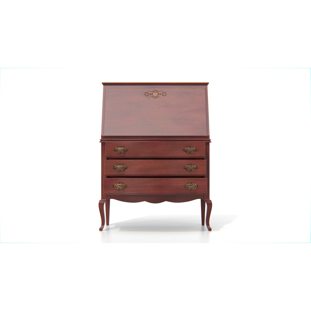 Antique Secretary Desk 3D Model – Vintage Wooden Desk with Drawers, FBX - View 7