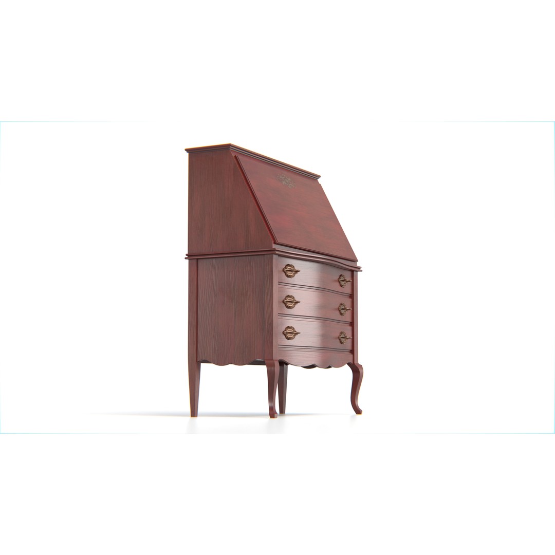 Antique Secretary Desk 3D Model – Vintage Wooden Desk with Drawers, FBX - View 8