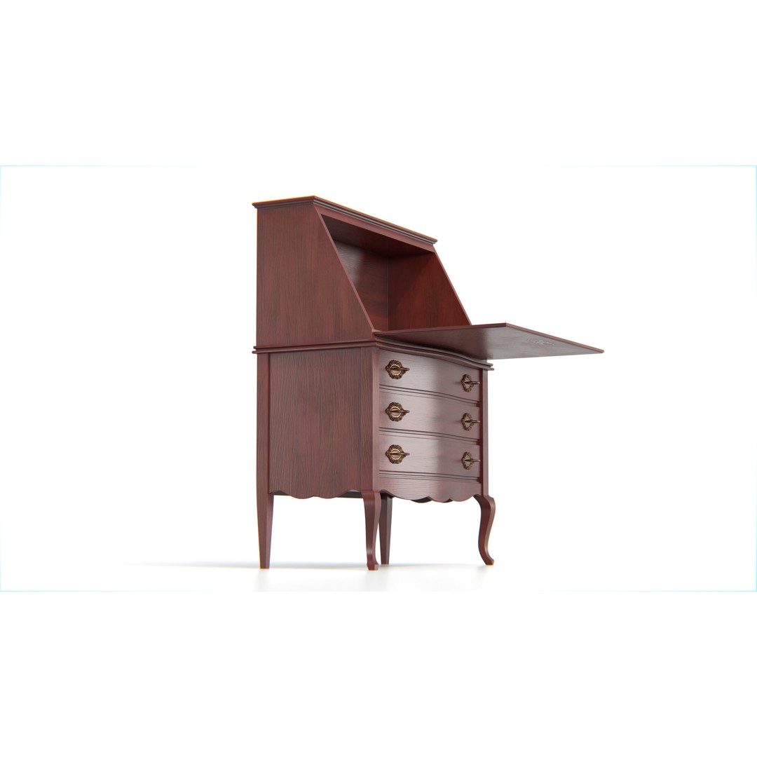 Antique Secretary Desk 3D Model – Vintage Wooden Desk with Drawers, FBX - View 9