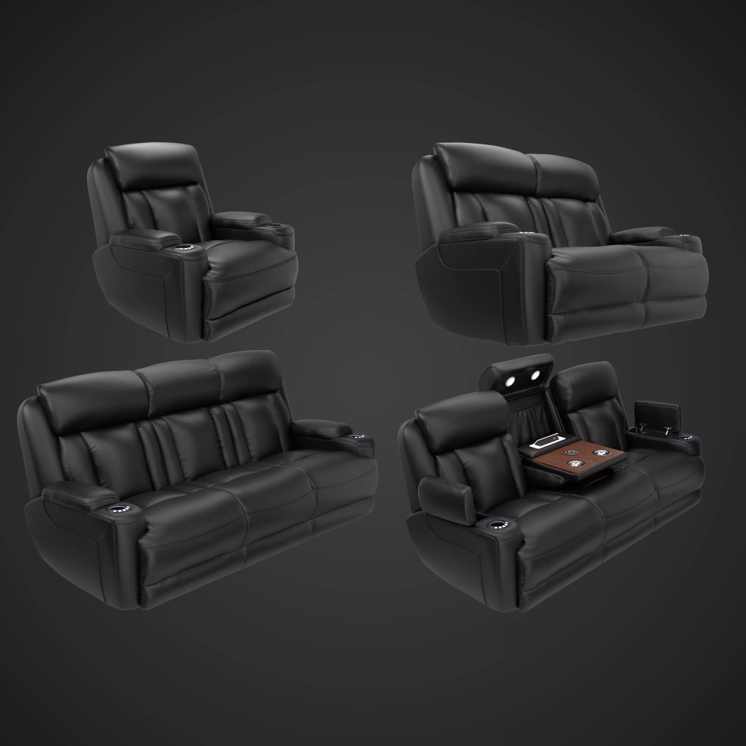 Modern Black Leather Recliner Sofa Set 3D Model – PBR Textures, Game-Ready Formats - View 2