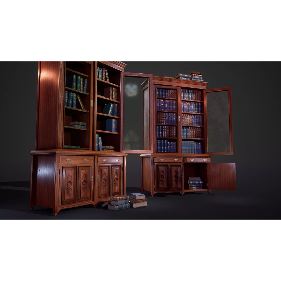 Victorian Bookcase 3D Model – Low Poly Game Ready Asset, FBX - View 2