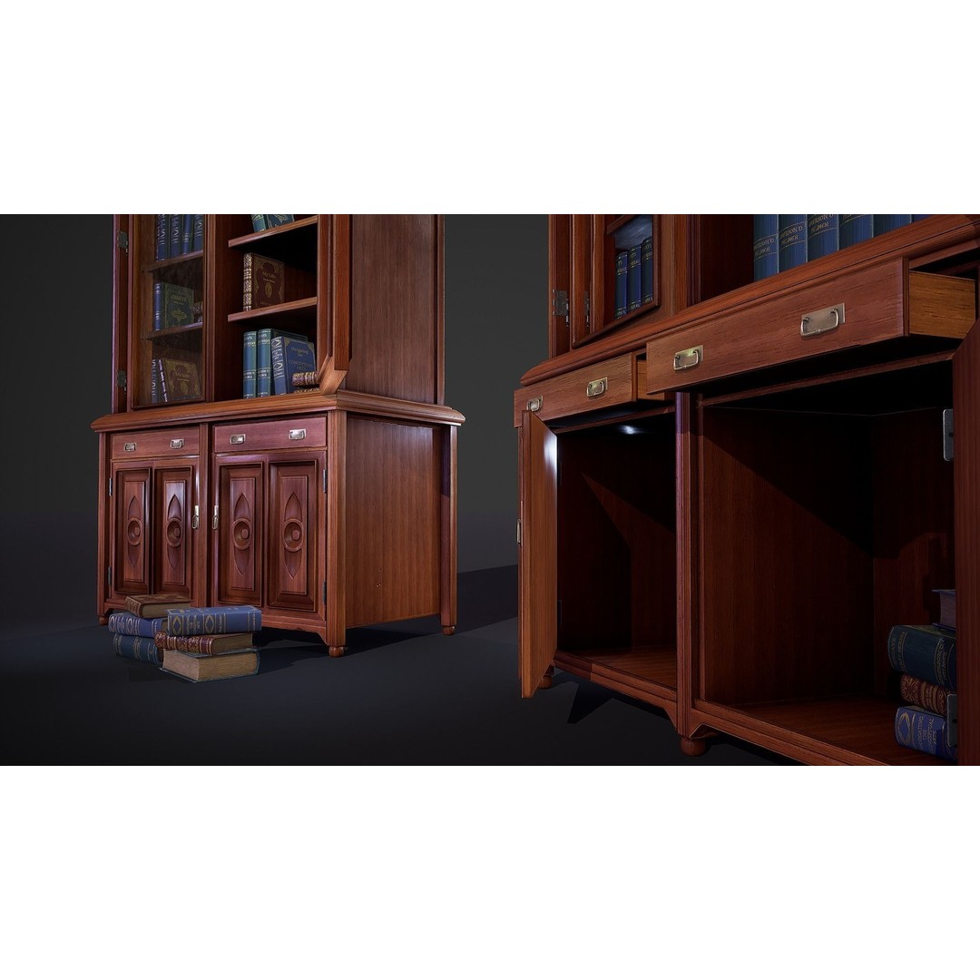 Victorian Bookcase 3D Model – Low Poly Game Ready Asset, FBX - View 5