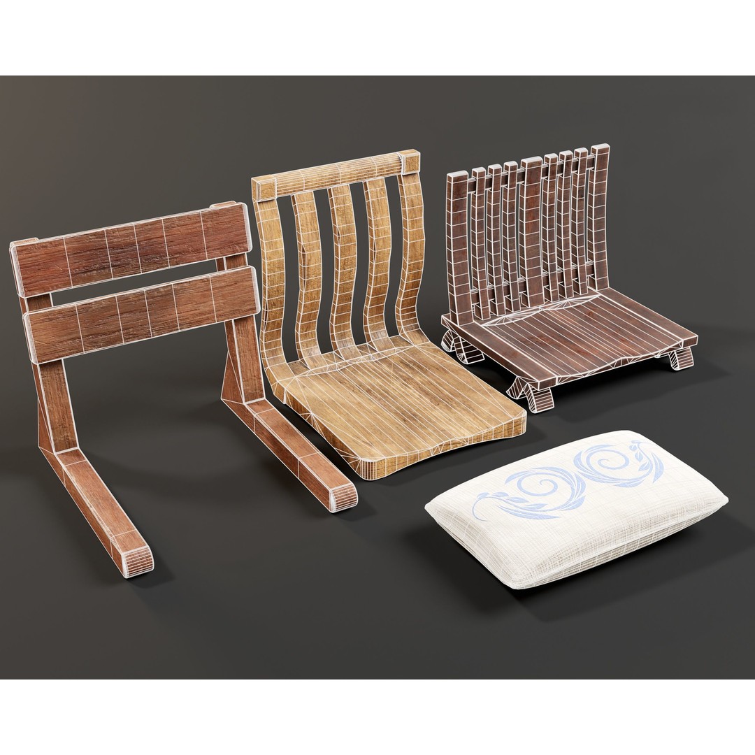 Japanese Dining Chair 3D Model – Low Poly PBR Asset, FBX & OBJ - View 4