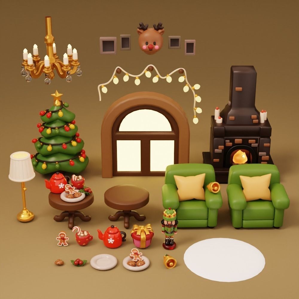 Christmas Living Room 3D Model – Low Poly Game Asset, FBX, PBR - View 10