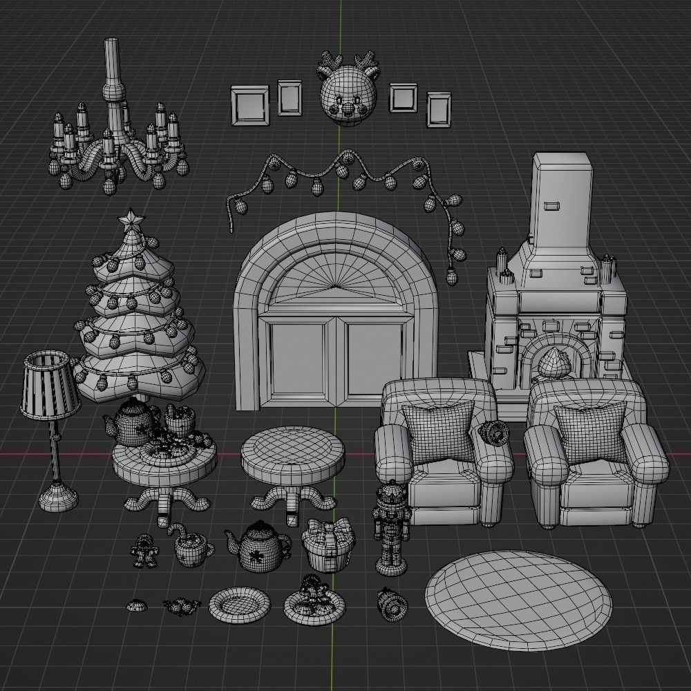 Christmas Living Room 3D Model – Low Poly Game Asset, FBX, PBR - View 11
