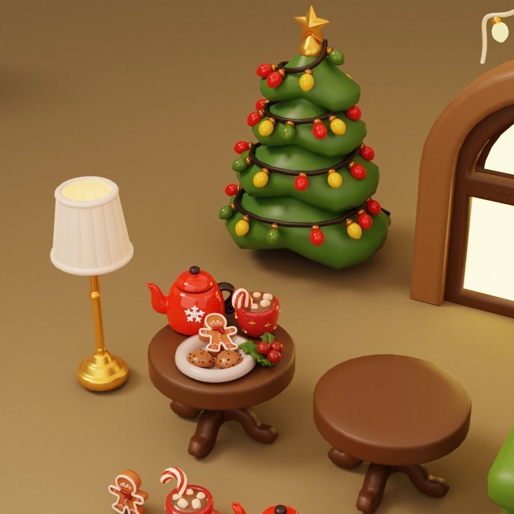 Christmas Living Room 3D Model – Low Poly Game Asset, FBX, PBR - View 16