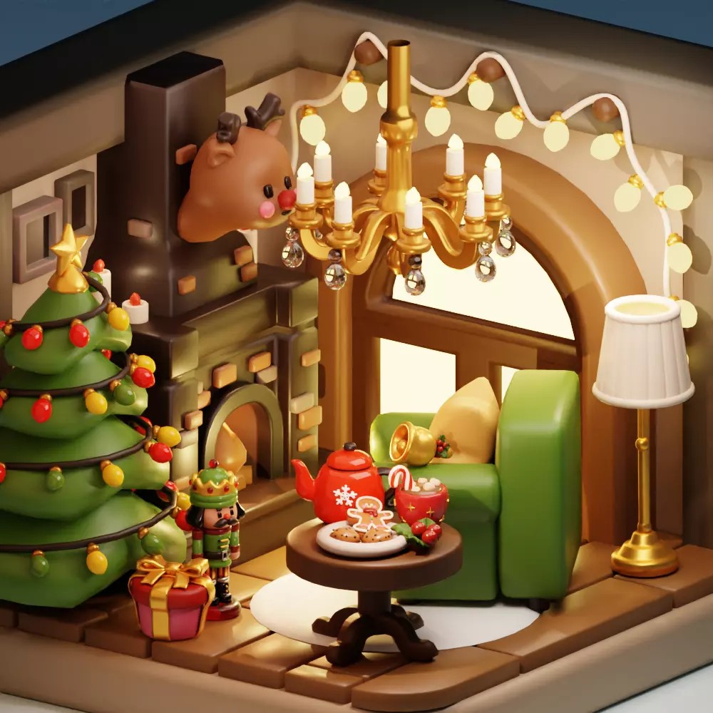 Christmas Living Room 3D Model – Low Poly Game Asset, FBX, PBR - View 2