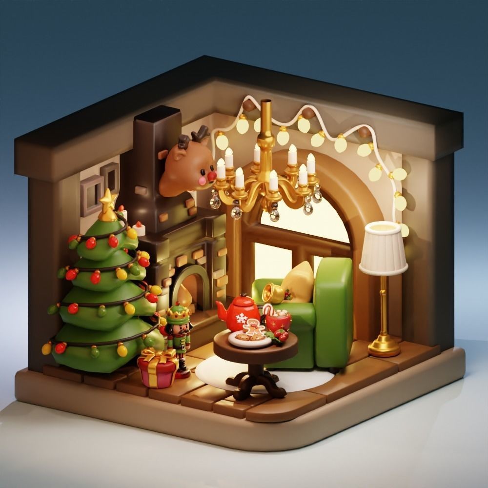 Christmas Living Room 3D Model – Low Poly Game Asset, FBX, PBR - View 3