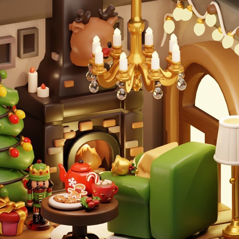 Christmas Living Room 3D Model – Low Poly Game Asset, FBX, PBR - View 4