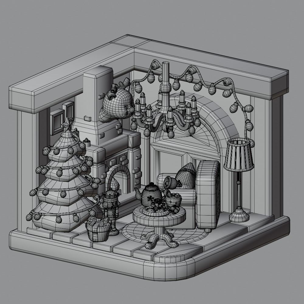 Christmas Living Room 3D Model – Low Poly Game Asset, FBX, PBR - View 7