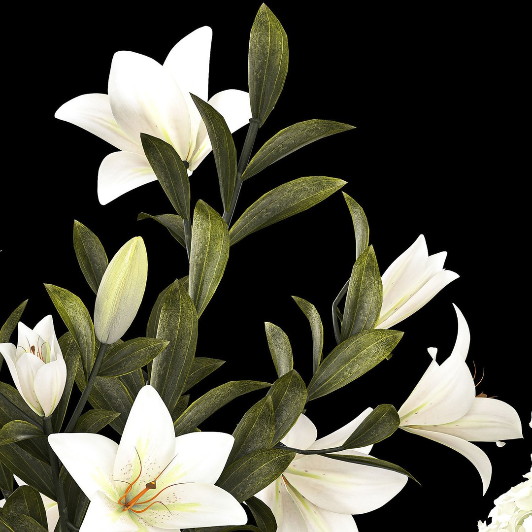 White Flower Bouquet 3D Model – Elegant Glass Vase, PBR Textures - View 10