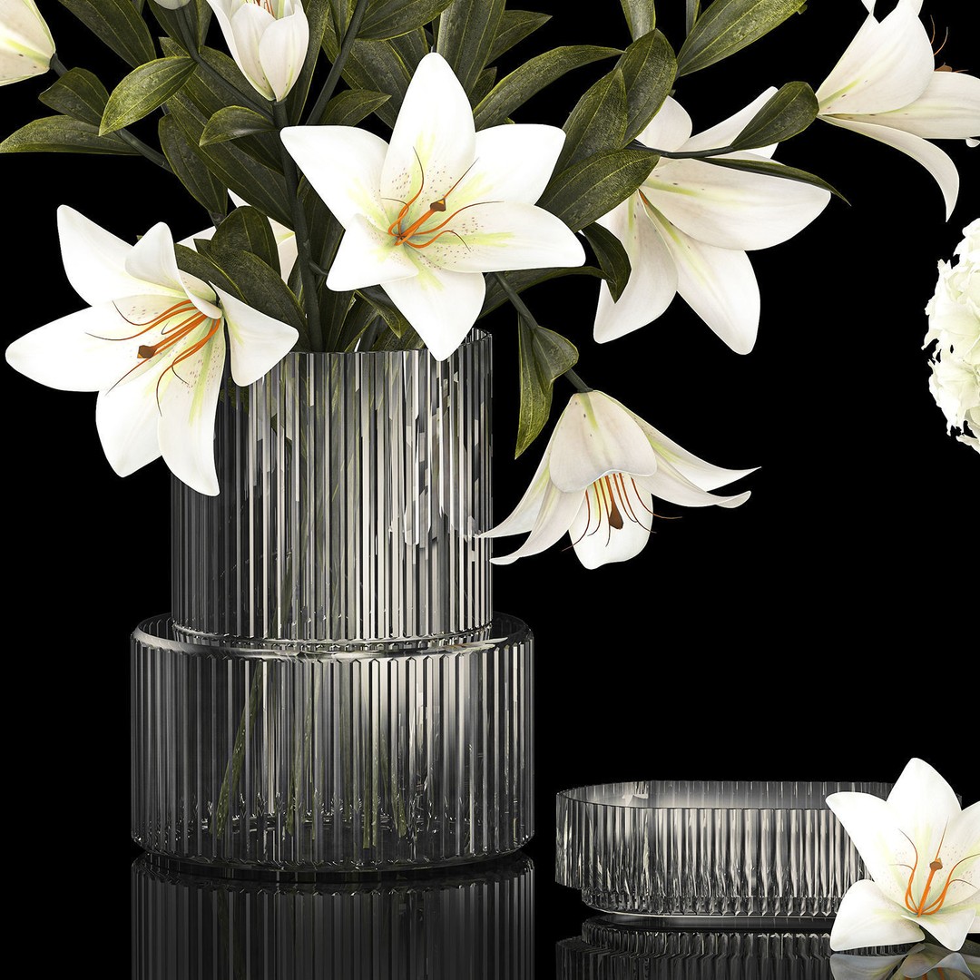 White Flower Bouquet 3D Model – Elegant Glass Vase, PBR Textures - View 11