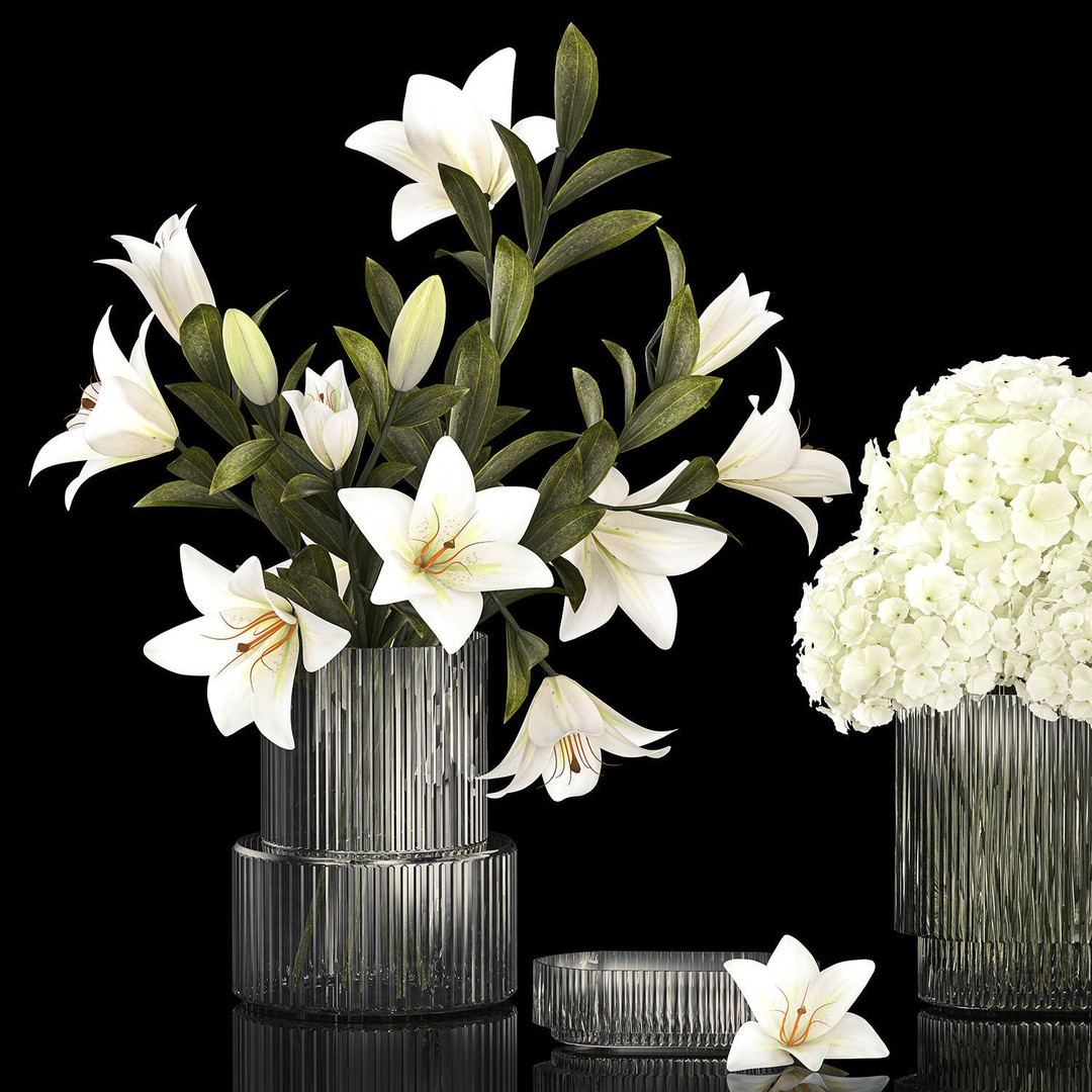 White Flower Bouquet 3D Model – Elegant Glass Vase, PBR Textures - View 13