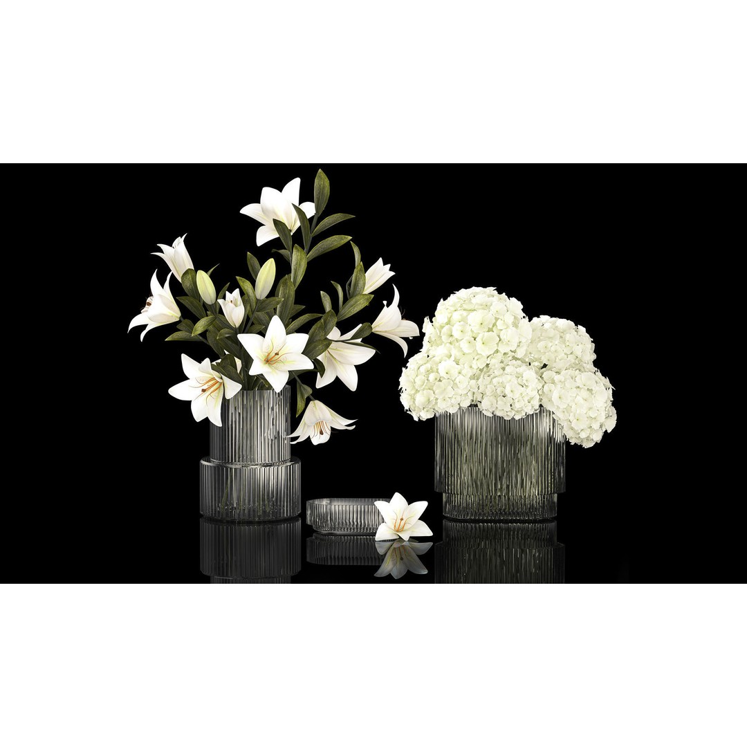 White Flower Bouquet 3D Model – Elegant Glass Vase, PBR Textures - View 3